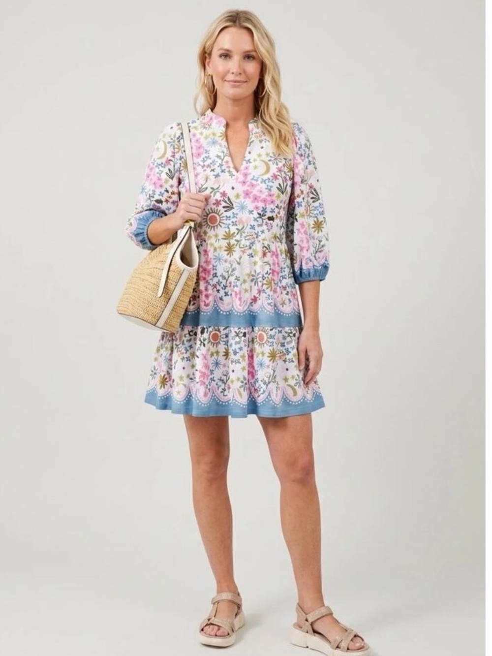 Smith & Quinn White Floral Casual Tiered Dress with Teal Trim
